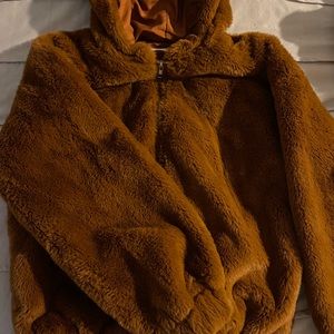 Elan fluffy brown orange zip up hoodie